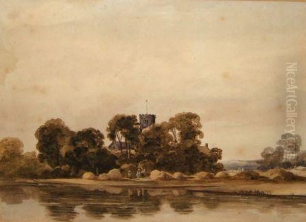 Figures In Harvest Fieldby River And Church Oil Painting by Peter de Wint