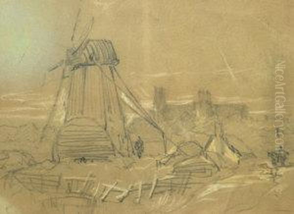 Study Of A Windmill With A 
Castle In The Distance; Pencil And Coloured Chalk On Buff Paper Oil Painting by Peter de Wint