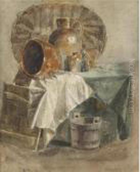 Still Life With A Basket, Jars, A Bowl And White Cloth Oil Painting by Peter de Wint