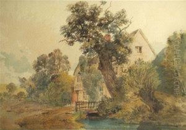 A Building By A Tree With A Stream To The Foreground Oil Painting by Peter de Wint