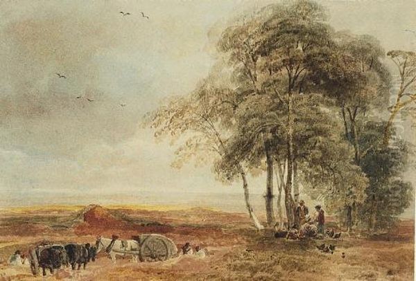 Men Working On The Lincolnshire Heathland Oil Painting by Peter de Wint