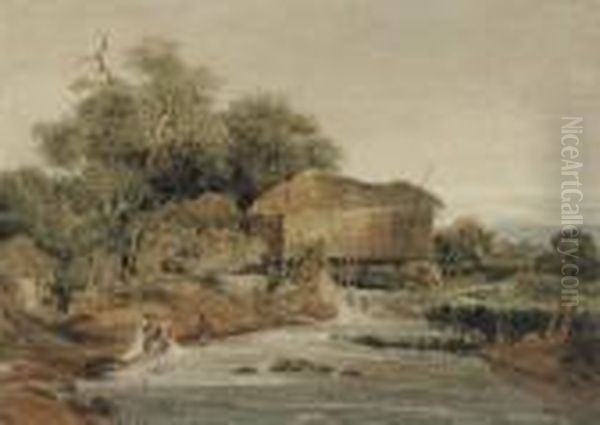 A Derbyshire Watermill Oil Painting by Peter de Wint