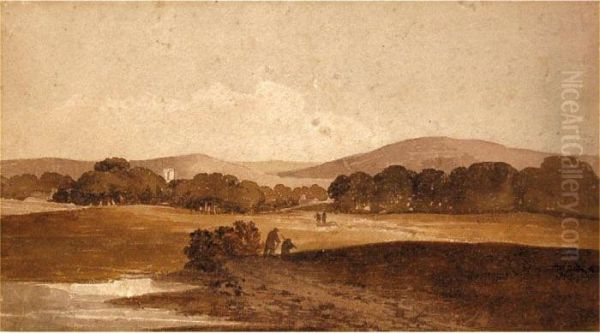 Watercolour,figures In A Landscape, Unsigned - Mounted But Unframed Oil Painting by Peter de Wint