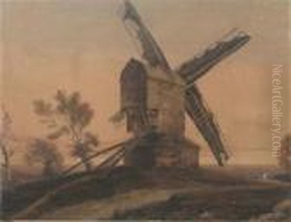 Cattle By A Windmill In An Extensive Landscape Oil Painting by Peter de Wint