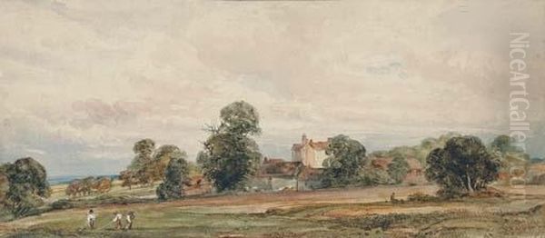 A Landscape With Harvesters In The Foreground Oil Painting by Peter de Wint