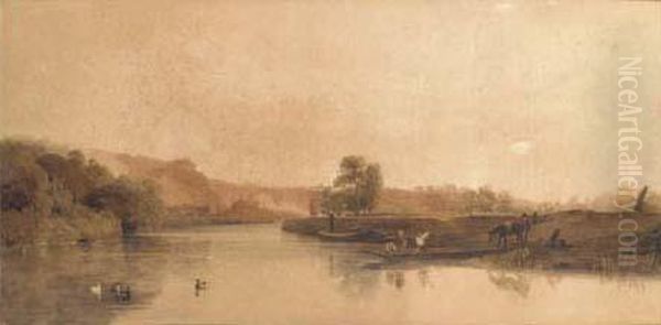 A Ferry Near Doncaster Oil Painting by Peter de Wint