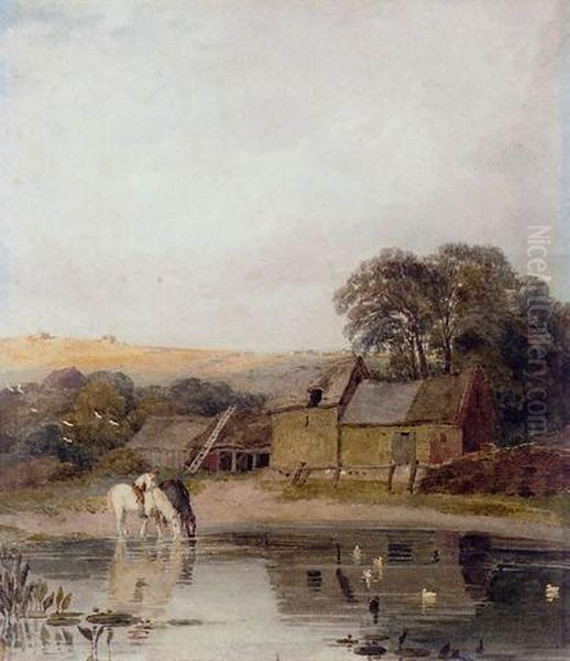 Horses Watering At A Farm Near Lincoln Oil Painting by Peter de Wint