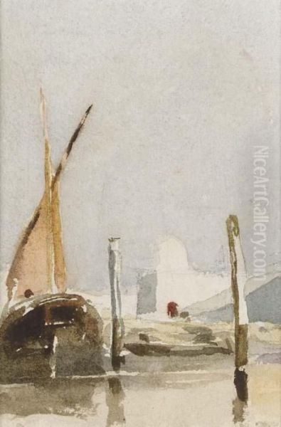 A Barge Near Mooring Posts Oil Painting by Peter de Wint