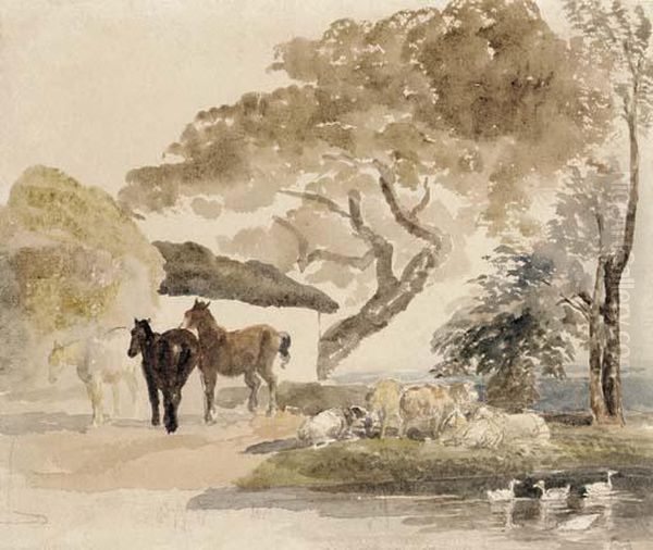 Horses And Sheep By A Farm Pond Oil Painting by Peter de Wint