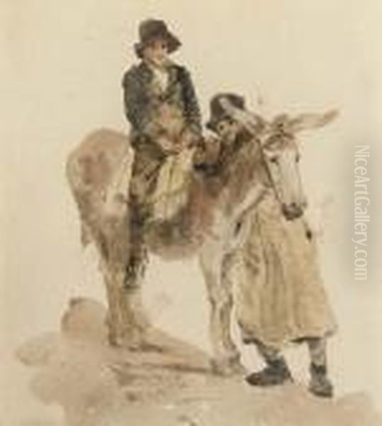 Two Boys With A Donkey Oil Painting by Peter de Wint