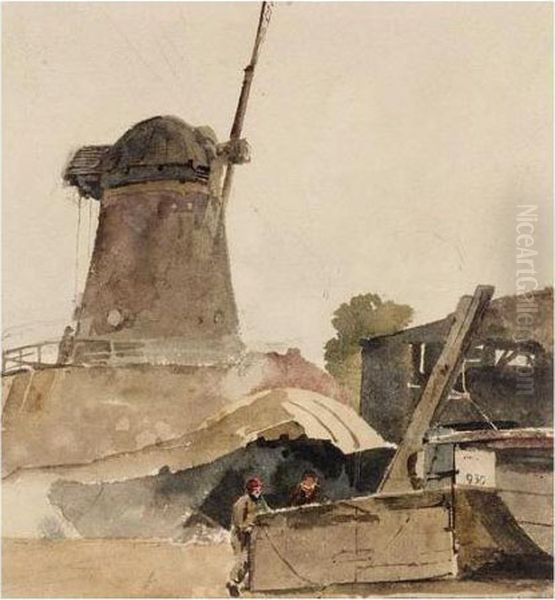 Windmill And Boatmen Oil Painting by Peter de Wint