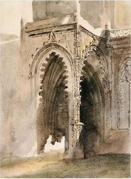 The West Porch Of The Church Of St Vincent's, Rouen Oil Painting by Peter de Wint