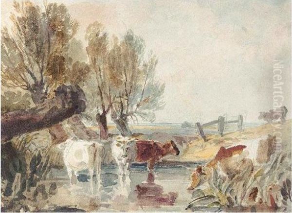 Cattle Watering At A Ford Oil Painting by Peter de Wint