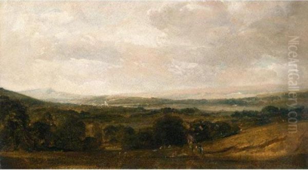 View Across A Valley Towards A Village Oil Painting by Peter de Wint