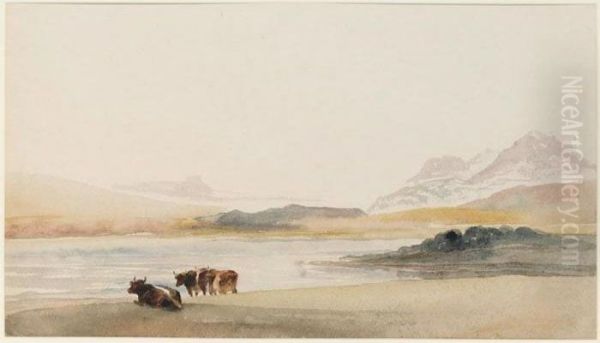 Cattle Beside A Lake, Mountains Beyond Oil Painting by Peter de Wint