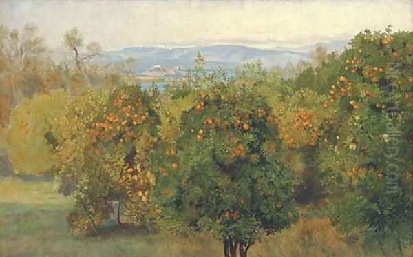 View of The Citadel, Corfu, with an orange grove in the foreground Oil Painting by Edward Lear