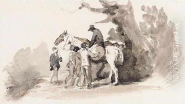 Young Boys Gathering Round A Horseman Oil Painting by Peter de Wint