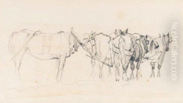 Studies Of Harvesters, Cart Horses And Deer Oil Painting by Peter de Wint