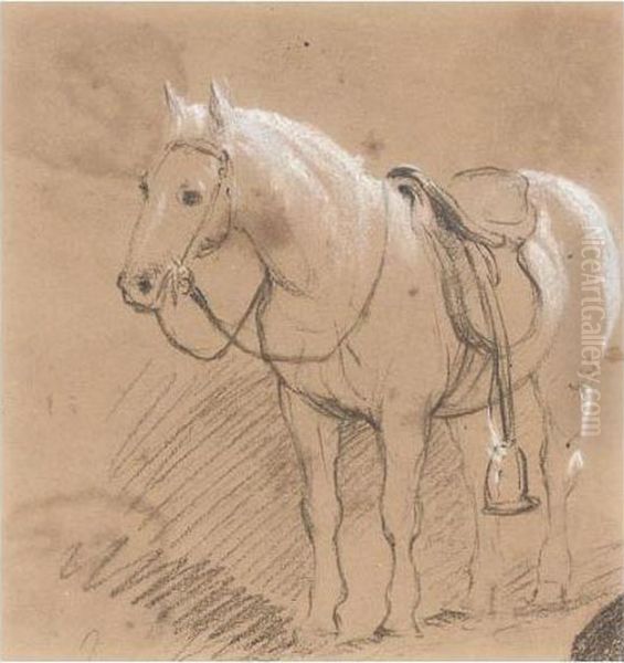 A Saddled Pony; Saddled Donkeys Oil Painting by Peter de Wint