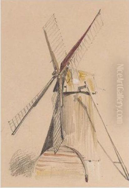 A Fen-draining Windmill Oil Painting by Peter de Wint