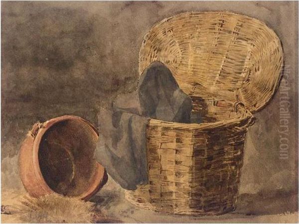 Still-life Of A Basket, Cloth, Pot And Brush Oil Painting by Peter de Wint