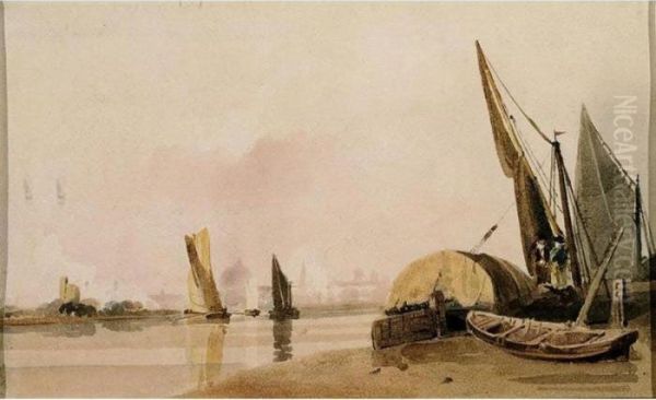 Boats On The Thames Oil Painting by Peter de Wint