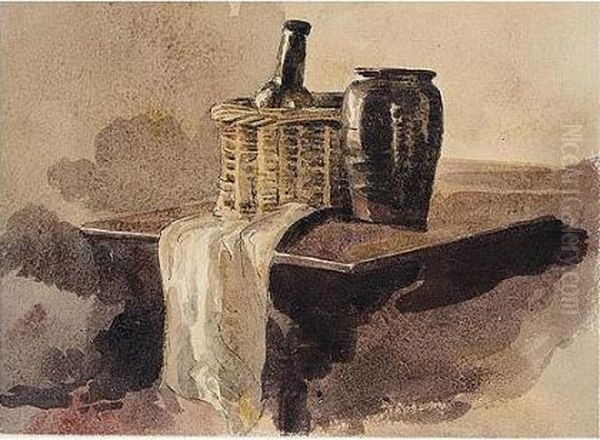 Still-life With A Basket, Wine Bottle, Vase And Cloth Oil Painting by Peter de Wint