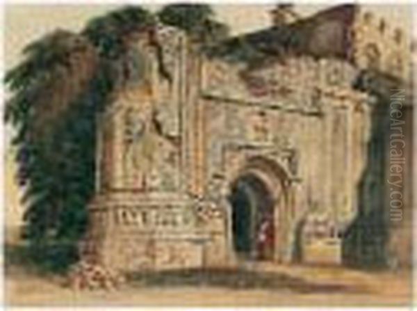 A Figure Standing In The Doorway Of A Ruined Chapel Oil Painting by Peter de Wint