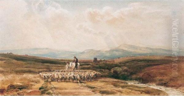 A Horseman, A Shepherd And Sheep On A Country Road Oil Painting by Peter de Wint