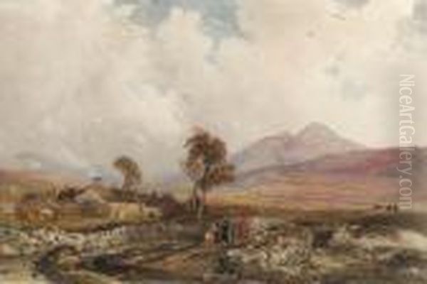 An Extensive Landscape With Figures On A Track And Buildingsbeyond, Wales Oil Painting by Peter de Wint