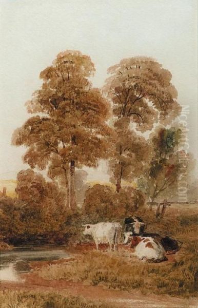 Cattle By A Stream In A Wooded Landscape, Near Cookham,berkshire Oil Painting by Peter de Wint