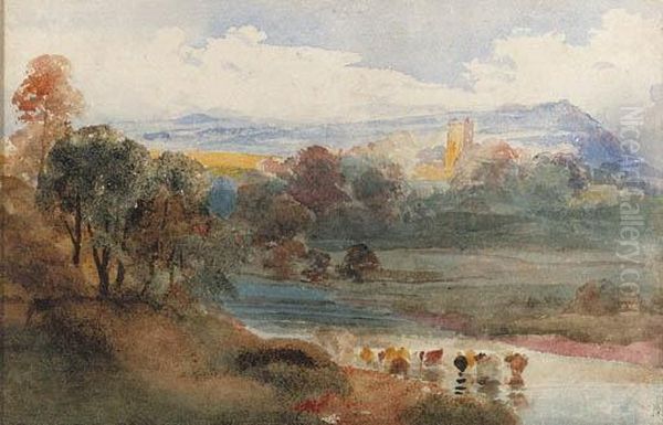 Great Mitton, Lancashire, From The Ribble, With Longridge Fellbeyond Oil Painting by Peter de Wint