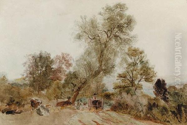 Figures And A Horse And Cart On A Country Track Oil Painting by Peter de Wint