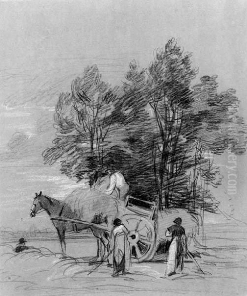 Figures Loading A Haycart, Beneath A Tree Oil Painting by Peter de Wint