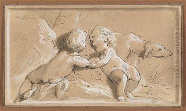 Two Playing Putti And A Dog Oil Painting by Jacob de Wit