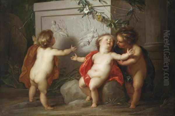 Putti Admiring A Bas-relief In A Garden Oil Painting by Jacob de Wit