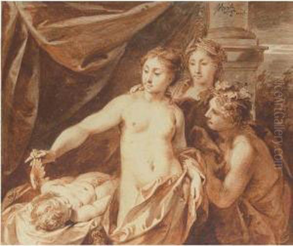 Venus, Bacchus And Ceres Observing The Sleeping Cupid Oil Painting by Jacob de Wit