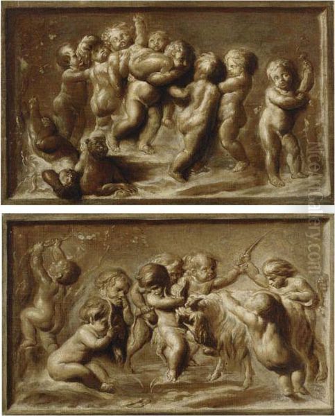 Putti With A Goat; Putti At Play: A Pair Of Trompe L'oeilterracotta Bas Reliefs Oil Painting by Jacob de Wit