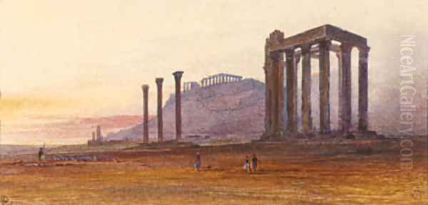 The Temple of Olympian Zeus, with the Acropolis in the distance, Athens, Greece Oil Painting by Edward Lear