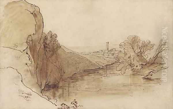 A ruined tower in a river landscape Oil Painting by Edward Lear