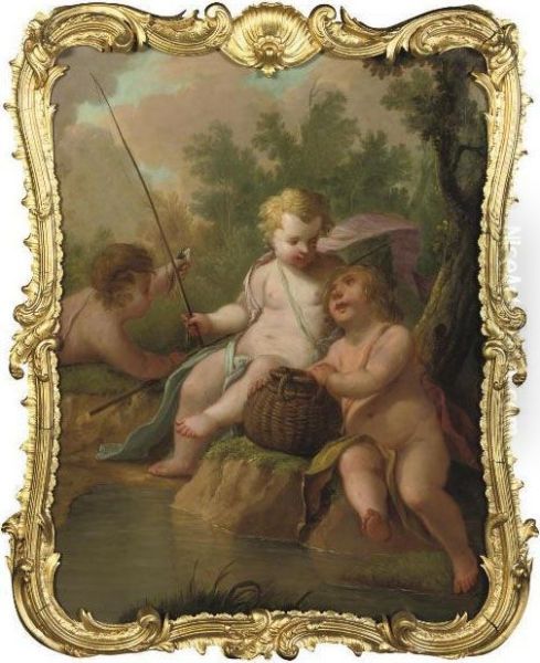 Three Putti Fishing In A Wooded Landscape Oil Painting by Jacob de Wit