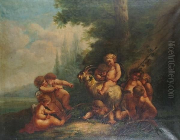 Putti Cavorting With A Goat In A Landscape Oil Painting by Jacob de Wit