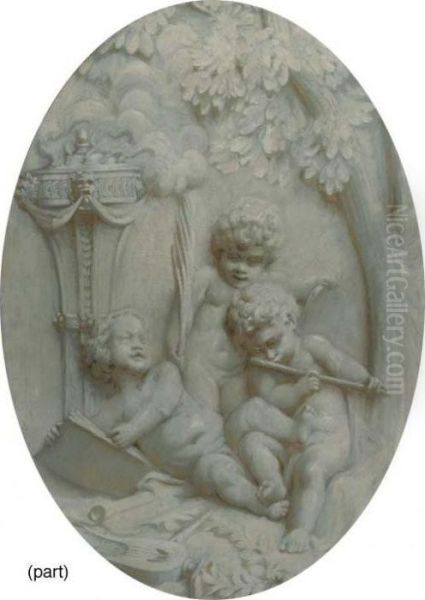 Putti Making Music, Putti Sleeping And Putti Making A Fire, Engrisaille: Overdoors Oil Painting by Jacob de Wit