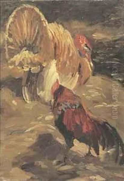 A Turkey And A Rooster Oil Painting by Willem de Zwart