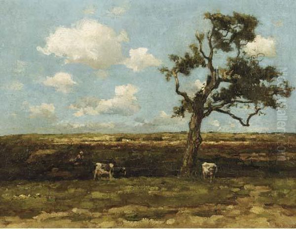 De Eik: Cows By An Oak Tree In A Landscape Oil Painting by Willem de Zwart