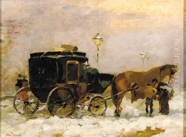 Aapje In De Sneeuw: A Horse-drawn Cab Oil Painting by Willem de Zwart