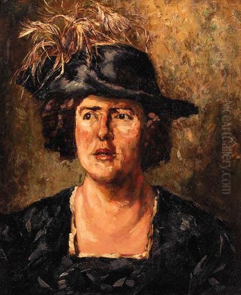 Portrait Of An Elegant Lady Wearing Feathered Hat Oil Painting by Willem de Zwart