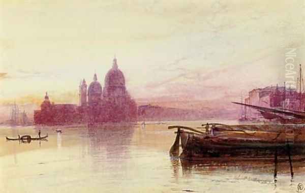 Santa Maria della Salute, seen at sunset from the Riva degli Schiavoni, Venice Oil Painting by Edward Lear