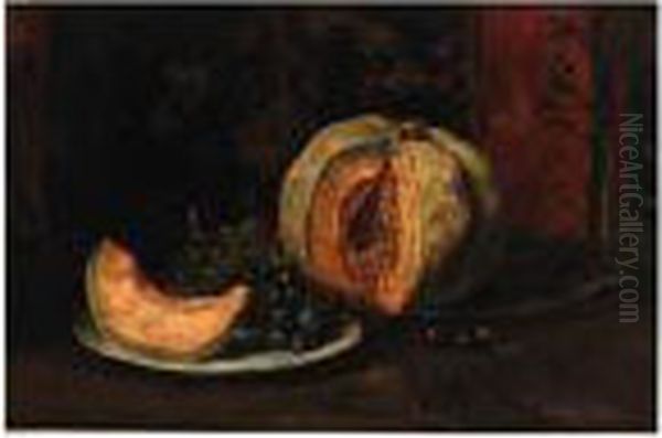 A Still Life With A Melon And Grapes On Pewter Plates Oil Painting by Willem de Zwart