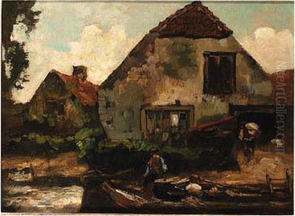 Peasants Unloading A Barge By A Farm Oil Painting by Willem de Zwart